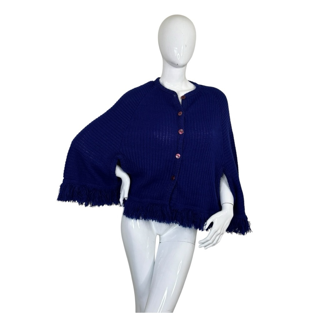 Lane Bryant vintage knit sweater top Navy Royal cape Women's Poncho Fringe plus - Picture 17 of 17